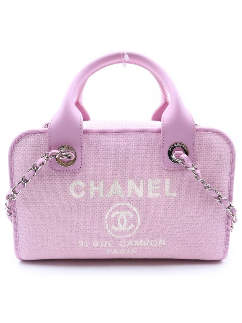 Chanel Deauville Bowling Bag 2-Way Chain Pink Leather Canvas Plate Silver